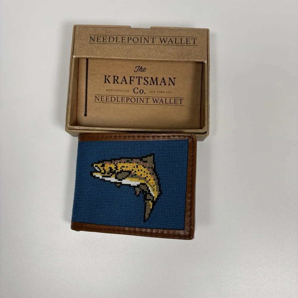 Kraftsman Co Needlepoint Wallet Trout Fly Fishing Blue Brown New in Box
